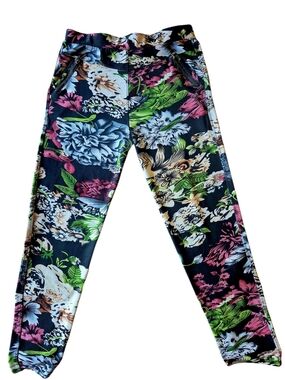 Coco + Carmen Womens Leggings L/XL  Wide Waistband Black With Floral Print